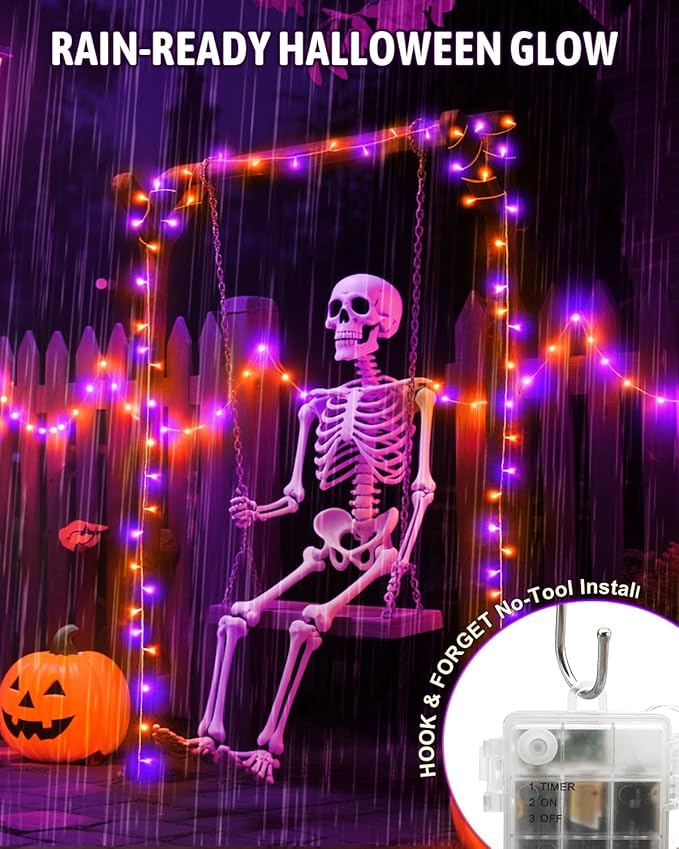 Halloween String Lights Battery Operated, Orange and Purple Fairy Lights with Timer Waterproof 16.4ft 50 LED Halloween Decorations for Outdoor Indoor Patio Party Garden Yard Decor 2 Packs