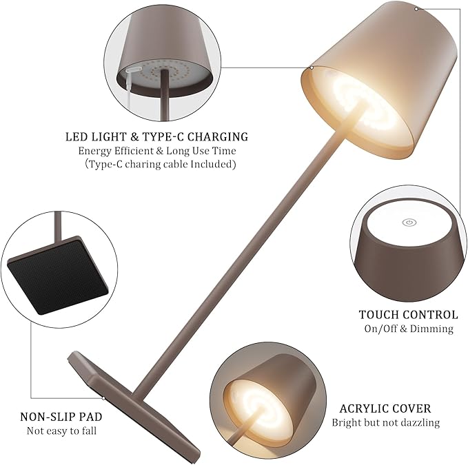 2 Packs LED Cordless Table Lamp, Rechargeable Battery Desk lamp 5000mAh Battery Operated Stepless Dimming Modern Portable Table Light for Restaurant/Table/Bedroom/Outdoor IP54 Waterproof (Rust Red)
