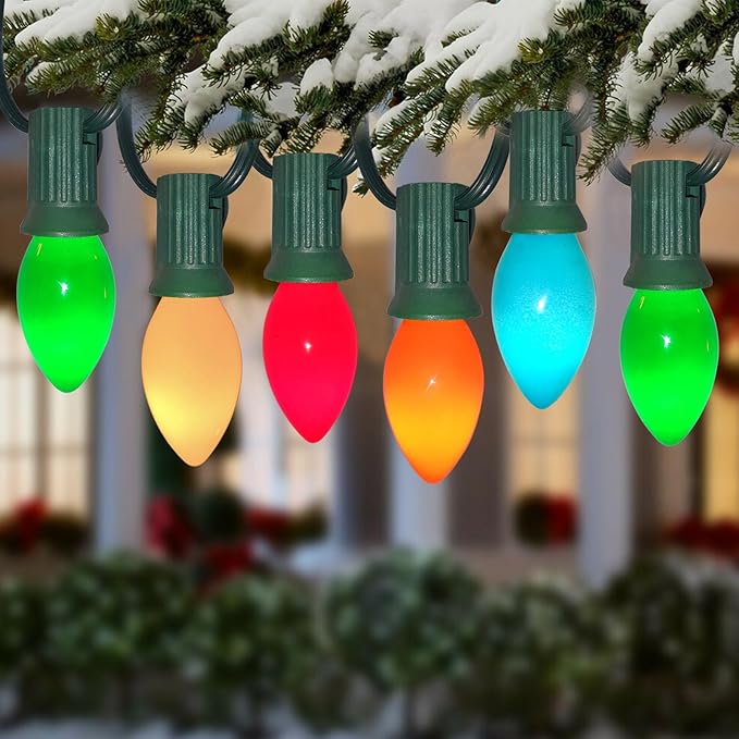 C7 Multicolor Christmas Lights Outdoor 25Ft Vintage Christmas String Light with 27 Ceramic Multicolor Bulbs(2 Spare), Hanging Rainbow Lights for Holiday, Prom, Party, Wedding, Christmas Decor