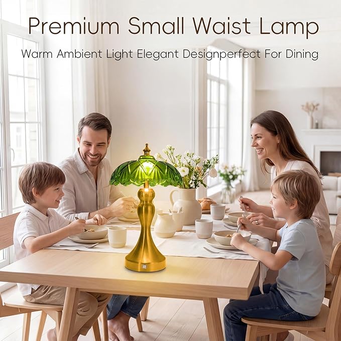 Cordless LED Table Lamp with Glass Shade, 3-Level Brightness & 3 Color Temperatures Touch Control, Rechargeable Portable Bedside Lamp for Nightstand Bedroom Living Room (Green)