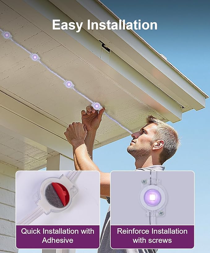 EJ's SUPER CAR Permanent Outdoor Lights, 100ft Smart Eave Lights with RGB LED Light, IP67 Waterproof, App Control, DIY RGB Light for House Halloween Decorations
