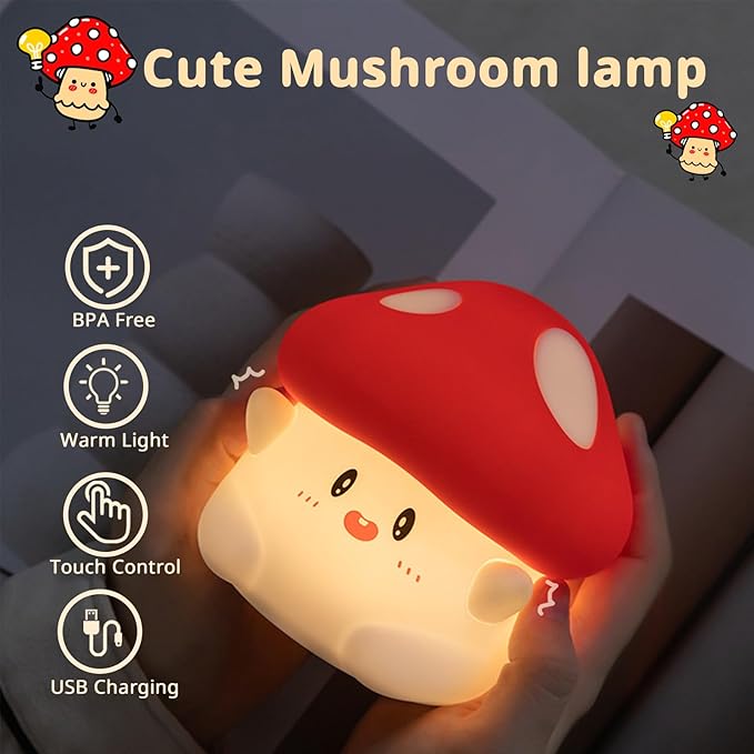 Cute Mushroom Lamp, 2 Levels Dimmable Mushroom Night Light with Timer, Rechargeable Kids Night Light for Baby Nursery, Kawaii Squishy Night Light Mushroom Decor for Kids Room Bedroom (Red)