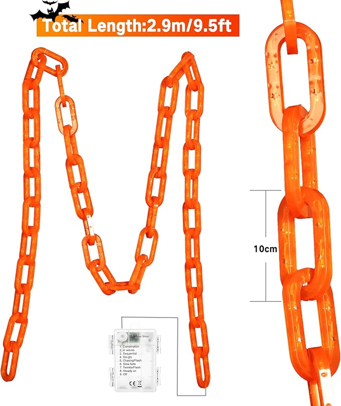 Joomer Chain Lights Halloween Decorative Battery Operated - 9.5 FT 160 LED Waterproof String Lights with Timer Function 8 Lighting Modes for Outdoor Indoor Halloween Decor (Orange)