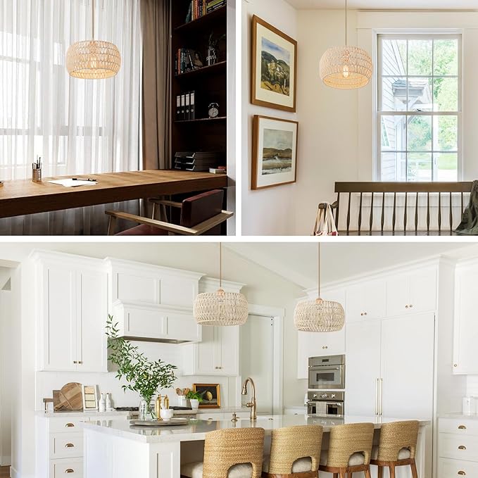 Rattan Pendant Light Fixture,Basket Chandelier Hanging Lights,Cream White Boho Drum Lighting Flush Mount Ceiling Lights Woven Wicker Chandeliers for Kitchen Dinning Room Hallway Bedroom