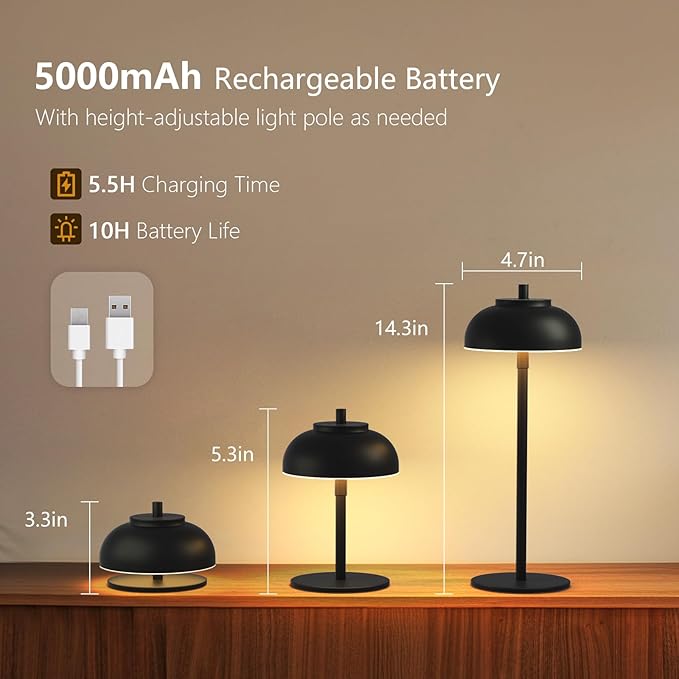 Cordless Table Lamps Rechargeable - 5000mAh Battery Operated Table Lamp, 3 Color Stepless Dimming Portable LED Table Light for Restaurant/Bedroom/Bars/Cafe/Outdoor/Camping(Black 2 Pack)