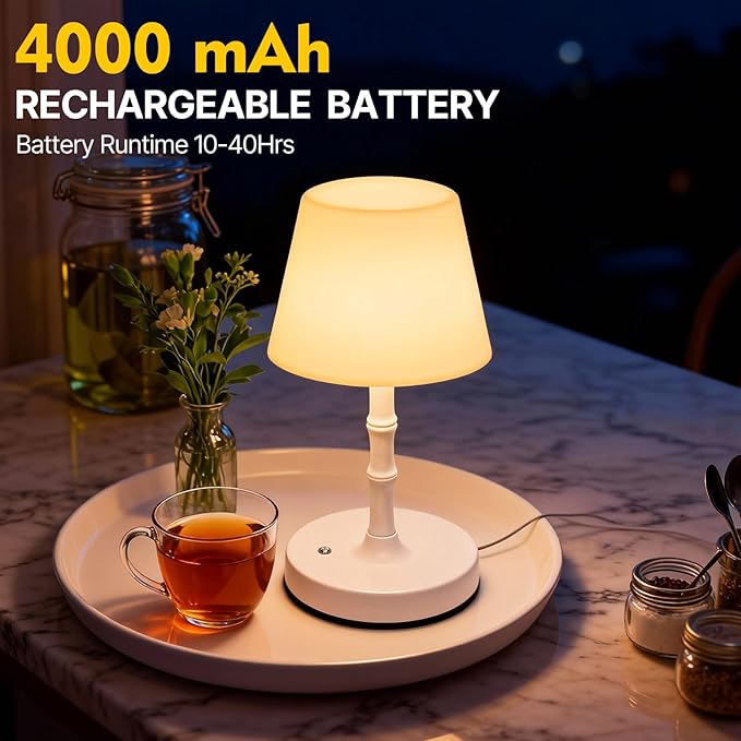 Wireless rechargeable battery LED table lamp, with 3 adjustable light levels, waterproof, suitable for bedroom, office, outdoor, camping, and bathroom decoration, featuring a wood-grain design (white)