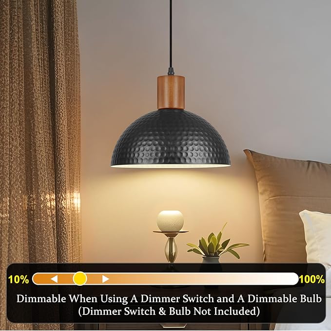 12" Hammered Metal Pendant Light,Black and Wood Pendant Lamp Fixture Ceiling Hanging Light,Modern Industrial Style Dome Hanging Lights for Kitchen Island,Restaurant,Farmhouse Dining Room,Sink,Hallway