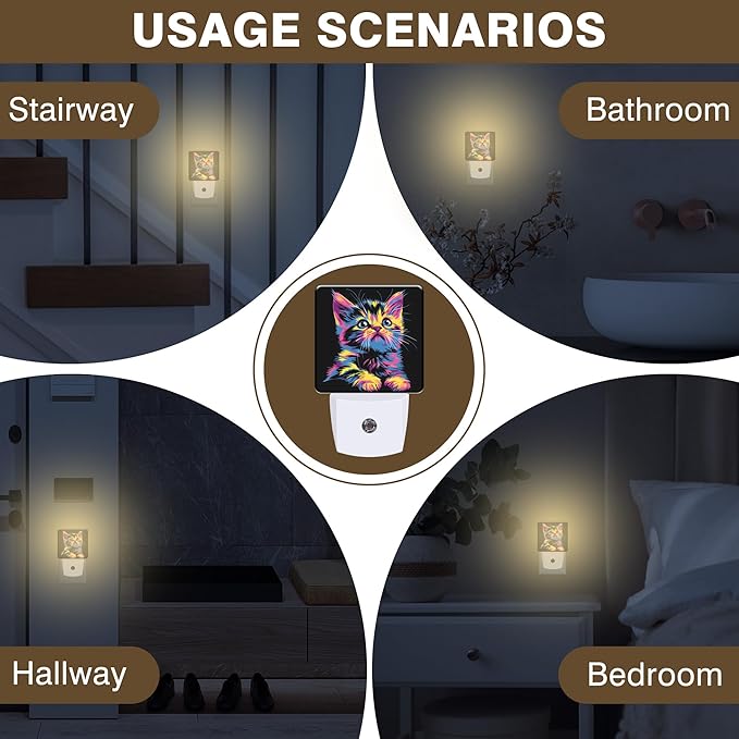 Night Light Colorful Cute Cat Night Lights Plug into Wall Smart Dusk to Dawn Sensor 0.5W Energy Efficient Led Lamp for Men Women Bedroom Bathroom Hallway Stairway Decor