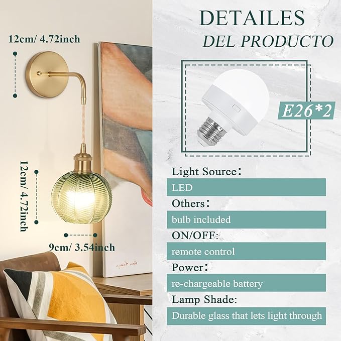 Battery Operated Wall Sconce, Wireless Wall Sconces Decor Set of 2 with RGB Color Changing Dimmable, Wall Sconces Set of Two with Remote, Vintage Wall Lamp for Bedroom Living Room etc
