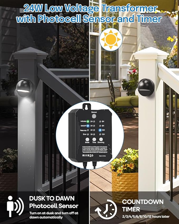 HIBOITEC Low Voltage Deck Lights Kit with Transformer Photocell Sensor and Timer IP67 Waterproof Fence Lights UL Listed Wire for Outdoor Garden Patio Landscape Lighting Walkway Steps 4000K 8Packs