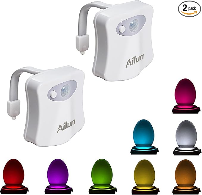 Toilet Night Light 2Pack by Ailun Motion Sensor Activated LED Light 8 Colors Changing Toilet Bowl Illuminate Nightlight for Bathroom Battery Not Included Perfect with Water Faucet Light