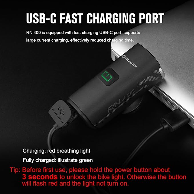 OLIGHT RN 400 LED Bike Lights, 400 Lumens USB Type-C Rechargeable Front Light, IPX7 Waterproof Bicycle Headlight for Road Urban Cyclists Black