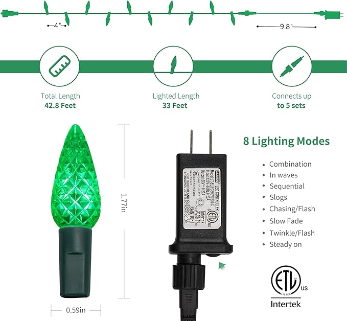 WATERGLIDE C6 Christmas Lights, 33ft 100 LED Faceted String Lights Green Wire Fairy Lights with 29V Safe Adaptor, 8 Lighting Mode, Waterproof for Indoor Outdoor Patio Xmas Tree Party Decor, Green