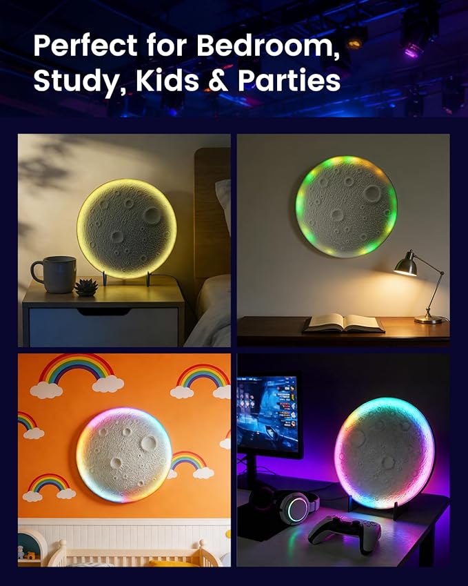 3D Moon Lamp – 3D Printed PLA Floating Moon, APP & Manual Control, RGB Music-Sync, Desktop & Wall-Mountable Night Light for Home, Kids, Party (Moon 11.6inches)