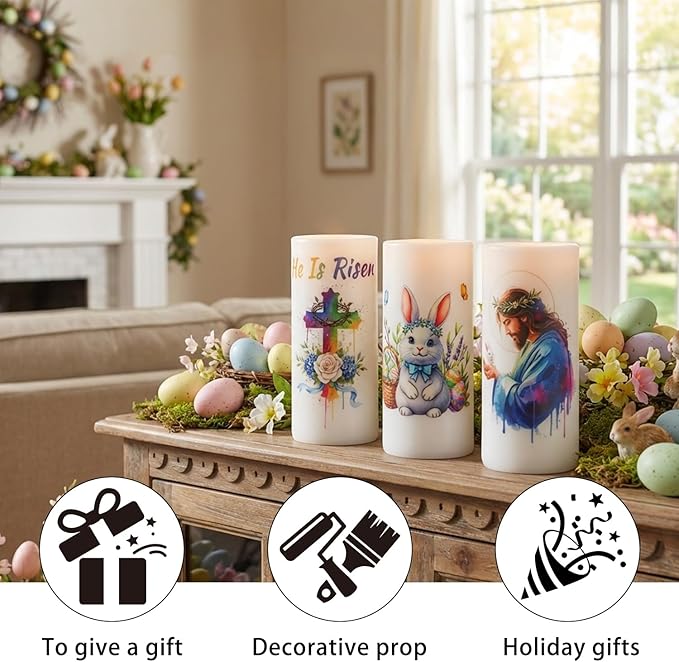 3PCS Nativity Easter Flameless Candles with Remote Control,Christian Cross Bunny LED Candles for Spring Easter Home Decor