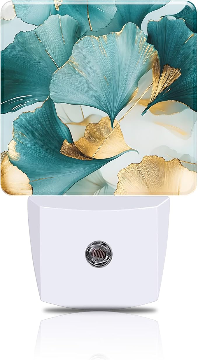 Night Light Green and Gold Ginkgo Leaves Night Lights Plug into Wall Smart Dusk to Dawn Sensor 0.5W Energy Efficient Led Lamp for Men Women Bedroom Bathroom Hallway Stairway Decor