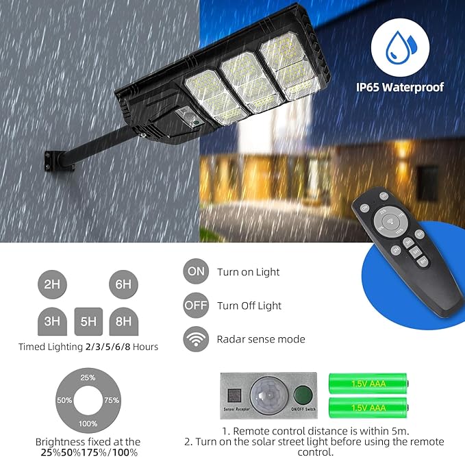 Solar Street Lights Outdoor, 6500K Solar Lights Outdoor Waterproof with Motion Sensor, Flood Security Lights with Remote Control Dusk to Dawn Commercial Lighting for Yard Path Garden