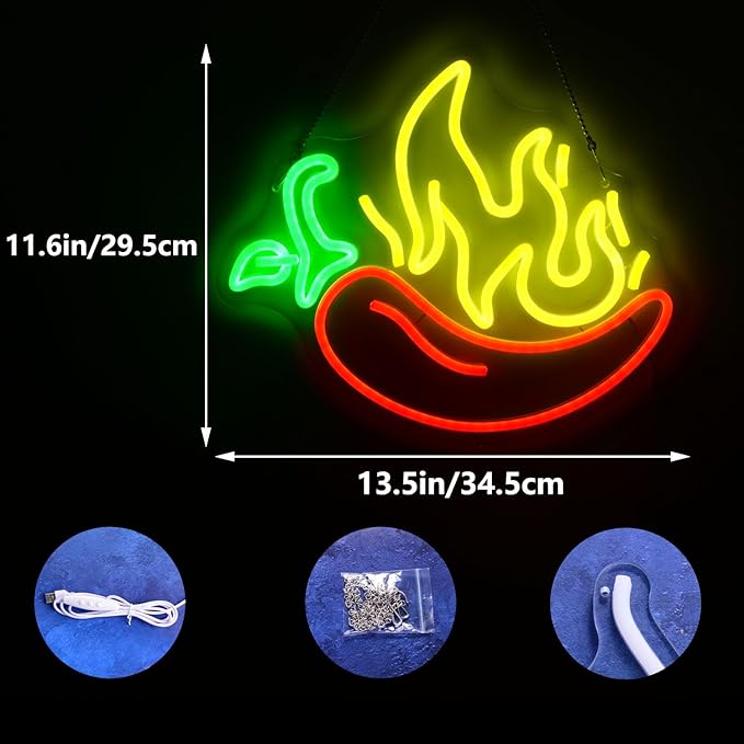Flaming Hot Chili Peppers Neon Signs Red Yellow Foods for Mexican Spicy Restaurant Open LED Sign Chili Neon Lights Cook Off Decoration for BBQ Party Chili Contest Tasting Party Decor