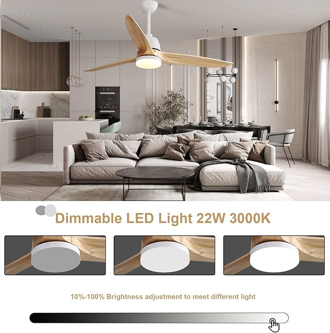 56”Ceiling Fans with Lights Remote Control, Dimmable LED and Reversible DC Motor,Wood Ceiling Fan Perfect for Outdoor Indoor,Wood Blades, Matte White Body