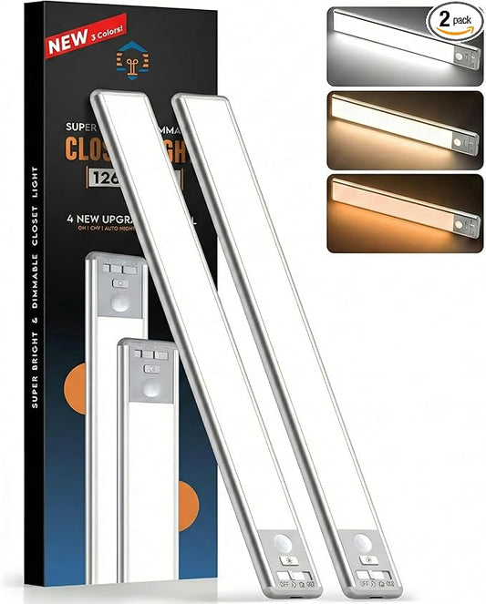 BLS 14.8inch Under Cabinet Lighting, 126 LED Motion Sensor Light Indoor, 2500mAh Rechargeable Wireless Closet Lights, 4 Sensor Modes, 3 Color Dimmable Magnetic Under Counter Lights for Kitchen, 2 Pack
