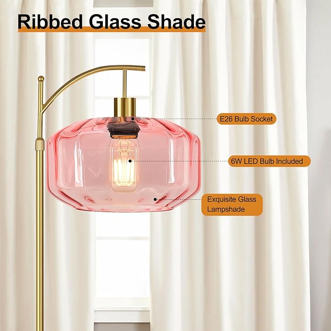 Vintage Floor Lamps for Living Room Glass Floor Lamp with Remote Control & 3 Color Temperature,Dimmable Floor Lamp Gold Mid Century Modern Standing Lamp Brass Tall Pink Floor Lamps for Bedroom Corner
