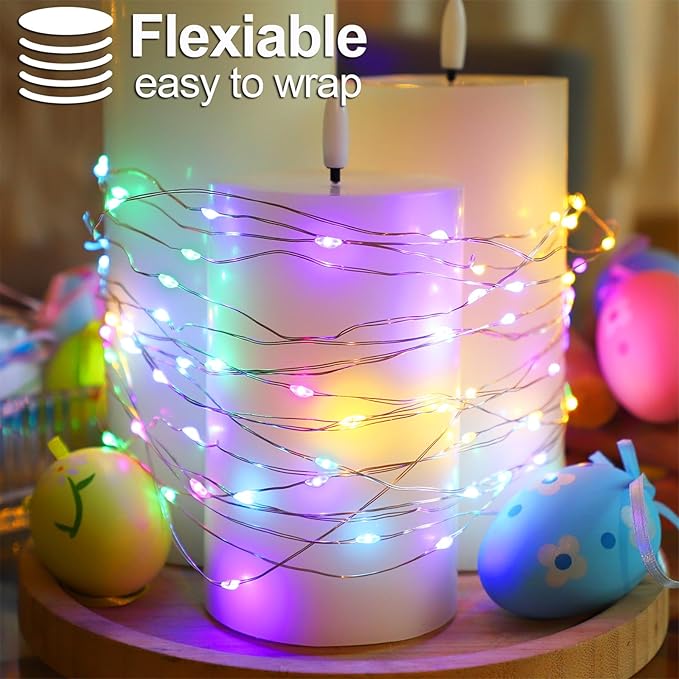 YAOZHOU Easter Decorations Pastel Fairy String Lights Indoor, Battery Operated Powered with Timer, 2 Pack Total 33FT 100 Led Mini Mason Jar Waterproof Firefly Lights for Garland DIY Party