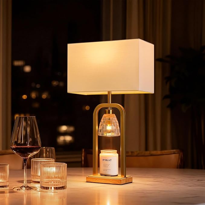 PoKat Electric Candle Warmer Lamp Gold, Lamp Candle Warmer with Timer Dimmer, Wax Light Warming Table Lamp for Jar Candles, Modern Bedside Lamp for House Warming Home Decor Living Room, Bulb Included