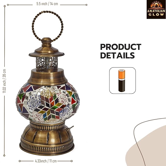 Portable Turkish Mosaic Lamp – Handmade Tiffany-Style Glass Light with Bronze Base and LED Bulb – Battery Powered Bedside Decor Lamp (Colorful Star Pattern) – Globe Size 6.5"