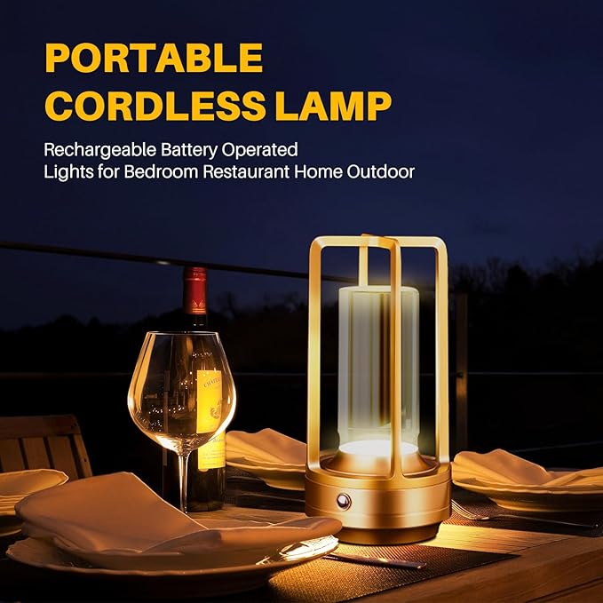 Rechargeable Table Lamp Cordless, 3 Color | Crystal | Stepless Dimming, for Bedroom, Cafe, Camping, Bar, Dining Table, Restaurant, Gold (2 Pack)