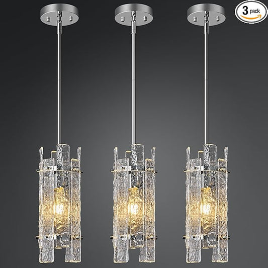Modern Crystal Pendant Lighting Chrome Pendant Lights Mini Glass Chandeliers, Adjustable Pendant Light Fixture for Kitchen Island Bedroom Living Room Dining Room Corridor(3Pack)