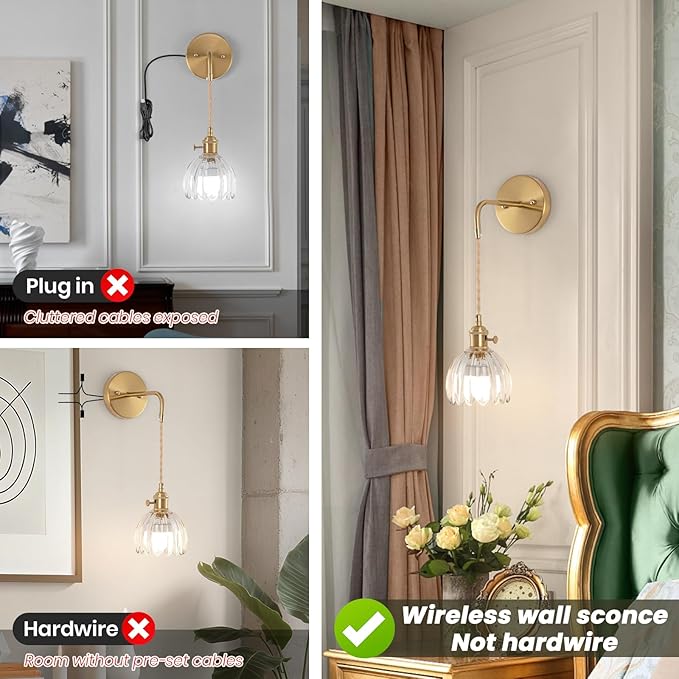 Vintage Battery Operated Wall Sconces Sets Of Two, Indoor not Hardwired Transparent Tulip Glass Lampshade Fixtures, Rechargeable Wireless RGB Wall Lights with Dimmable Remote, for Bedroom Living Room