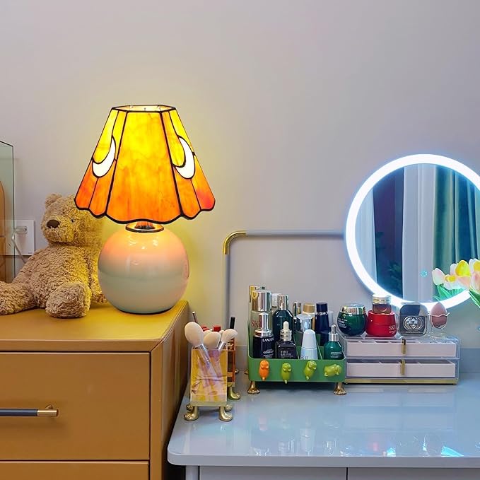 Mushroom Lamp Tiffany Lamp Stained Glass Table Lamp Moon Cute Small Bedside Lamps for Living Room Home Decor,Unique Aesthetic Home Living Room Decor Girls Women Birthday Day Gift,Orange