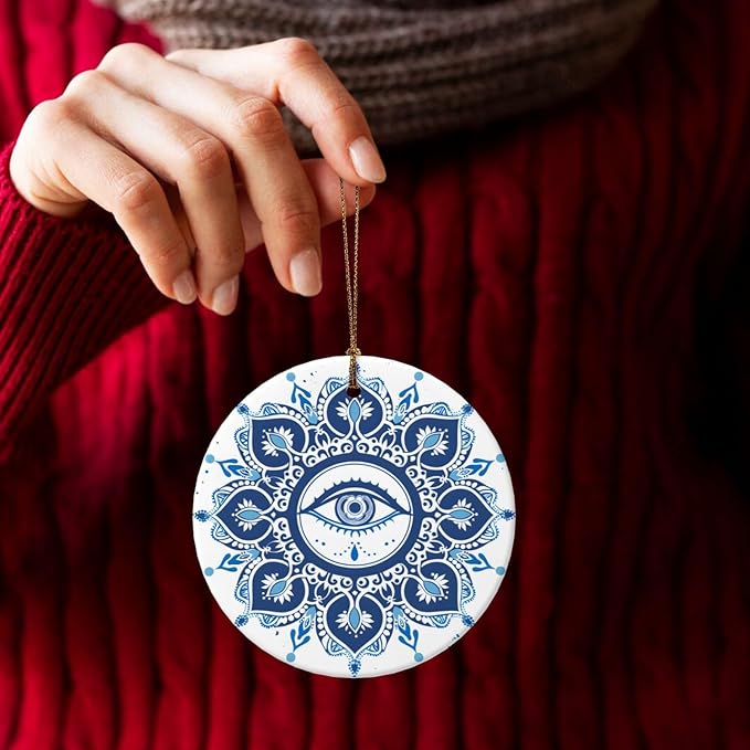 Mandala Demon Eye Christmas Ornaments, Christmas Decorations Xmas Tree Hanging Ornaments, Round Ceramic Festive Keepsake Gift for Xmas Decorations Holiday Home Decor