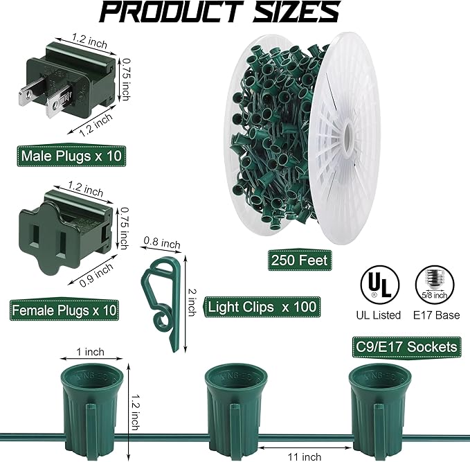Fovths 250 Ft C9/E17 Christmas Light Sockets Set Outdoor UL Listed String Light Include 250 E17 Socket with 100 Clips, 20 Female Male Plug, Stringer Spool Christmas C9 Green Wire for Patio Event Decor