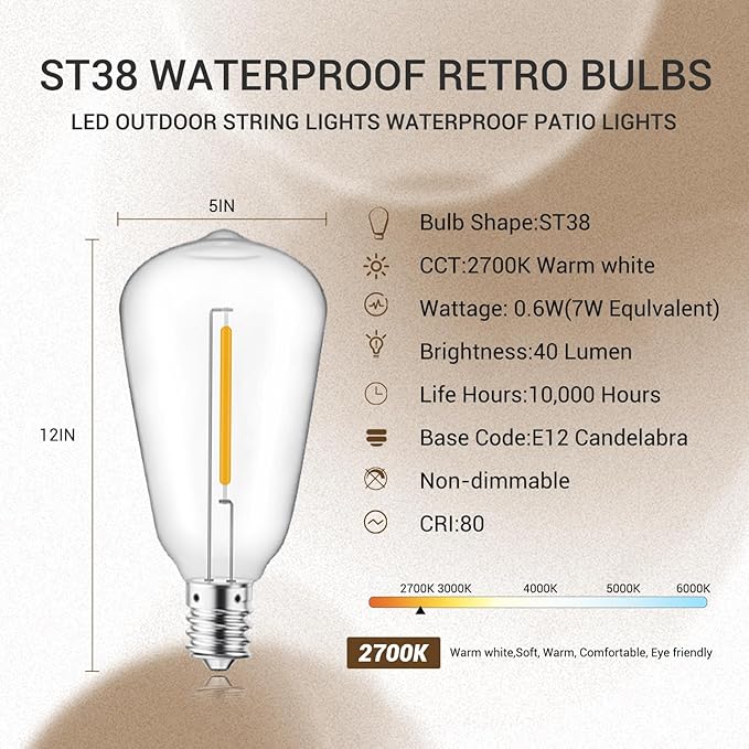 KGC ST38 LED String Light Bulbs, 1.5 Inches Shatterproof LED Replacement Bulbs for Outdoor String Lights, 0.6Watt Equvanlent to 7Watt Incandescant Bulbs, E12 Screw Base, 2700K, 25Pack