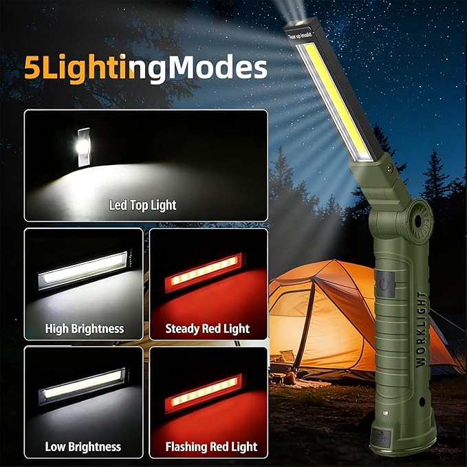 LED Work Light Rechargeable Flashlight, Easter Gifts for Men Him Husband Mechanic Torch Grill Light Inspection Lamp Magnetic Base 5 Modes 360° Rotate Car Emergency Repair 2PCS Green