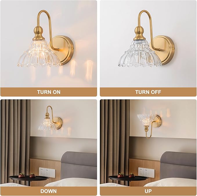 Vintage Bathroom Light Fixtures Over Mirror, 1-Light Brass Wall Sconce Lighting with Flower Glass Shade, Farmhouse Vanity Lights for Bedroom Kitchen Living Room Hallway Light