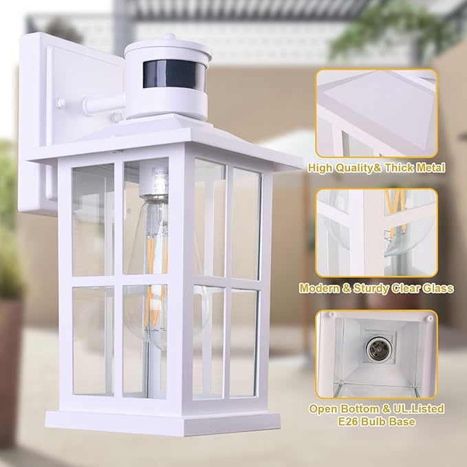 Outdoor Motion Sensor Light, Black Exterior Wall Lighting Fixtures,Dusk to Dawn Motion Sensor Outdoor Lights, Waterproof Front Porch Light Lantern for Garage, Patio. (White, 2 Pack)