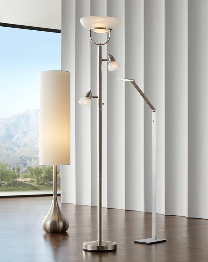 Possini Euro Design Modern Mid Century Modern Droplet-Shaped Floor Lamp 62" Tall Brushed Nickel Silver Metal Cotton Blend Cylinder Drum Shade Decor for Living Room Reading House Bedroom Home