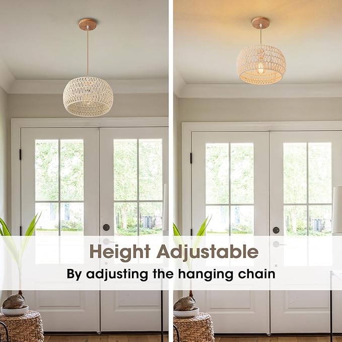 Rattan Pendant Light Fixture,Basket Chandelier Hanging Lights,Cream White Boho Drum Lighting Flush Mount Ceiling Lights Woven Wicker Chandeliers for Kitchen Dinning Room Hallway Bedroom
