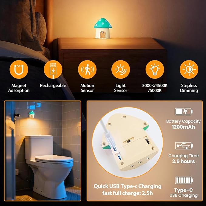 Motion Sensor Night Light, Rechargeable Stair Lights Indoor,3 Lighting Modes, Cute Mushroom Design for Kid's Bedroom, Kitchen, Bathroom, Hallway, Stairs, Home Decor & Gift, Green, 2 Pack