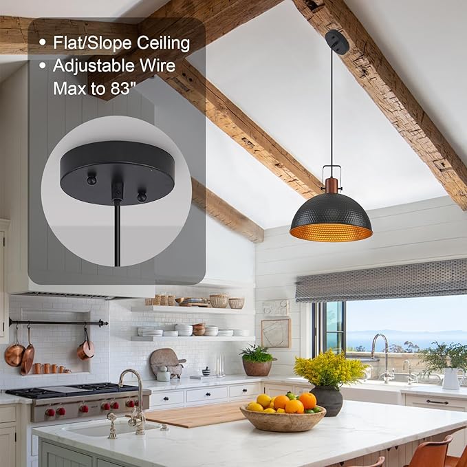 16 Inch Black Pendant Lights Hammered Matte Pendant Lights for Kitchen Island Industrial Farmhouse Adjustable Height Dome Hanging Light Fixtures for Barn, Dining Room 1 Pack