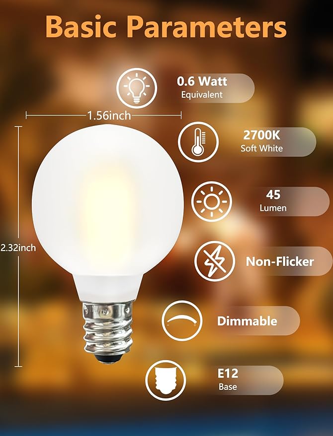 25 Pack G40 LED Globe Frosted Light Bulbs, Shatterproof Led Replacement Light Bulbs for Indoor Outdoor String Lights, E12 Screw Base 0.6watt, Warm White Christmas Decor