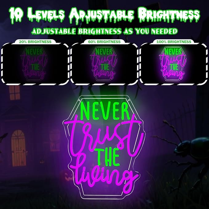 Ajoyferris Never Trust The Living Neon Sign Halloween Led Signs Dimmable Tombstone Light Up Sign Gothic Haunted House Neon Window Lights Scary Halloween Decorations
