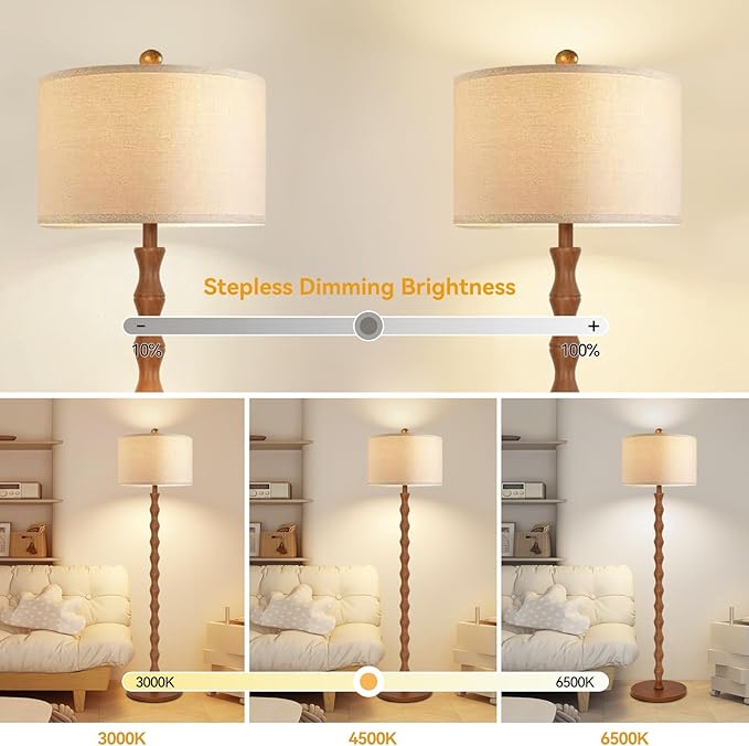 Wood Floor Lamp with 3 Color Temperatures,Boho Floor Lamp with Remote Control,Dimmable Vintage Floor Lamp Mid Century Modern Standing Lamp Farmhouse Tall Pole Lamp for Living Room Bedroom
