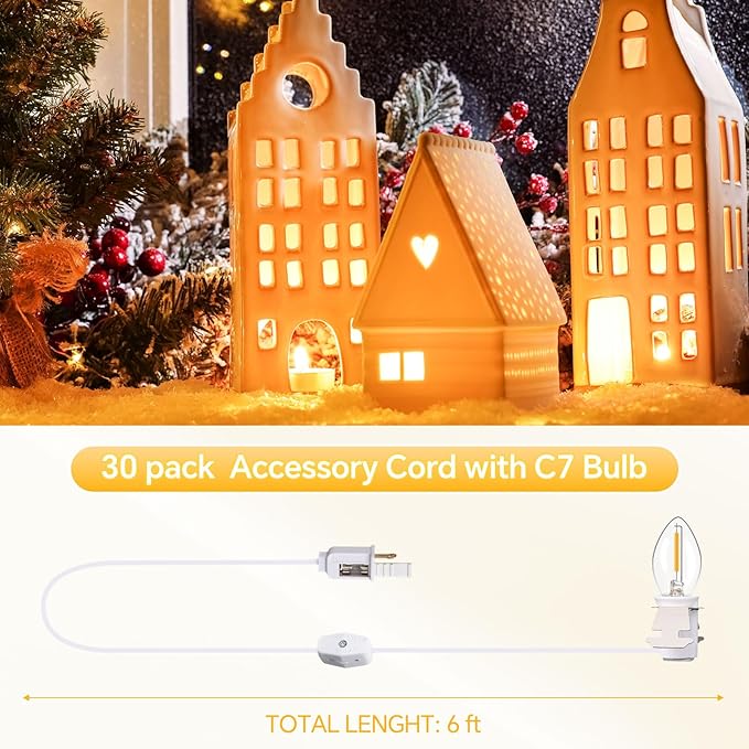 Enhon 30 Pack C7 Accessory Cord with LED Bulb, Each 6 ft Blow Mold Light Cords with On/Off Switch for Christmas Village House Halloween Pumpkin Holiday Ceramic Tree and Craft Projects
