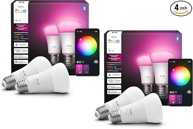 Philips Hue Smart LED A19 Bulb, White and Color Ambiance, E26 Base,10.5W, Full Spectrum Light 1000K-20000K,1100 Lumens, Dimmable,Compatible with Alexa,Google, Apple Home, 4pk