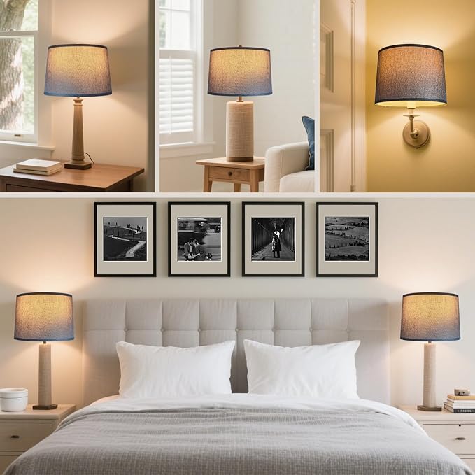 2 Pcs Lamp Shades with Harp, Modern Linen Drum Lamp Shade 11.4" Top x 12.6" Bottom x 9.8" High Lampshade Replacement for Table & Bedside Lamp, Grey