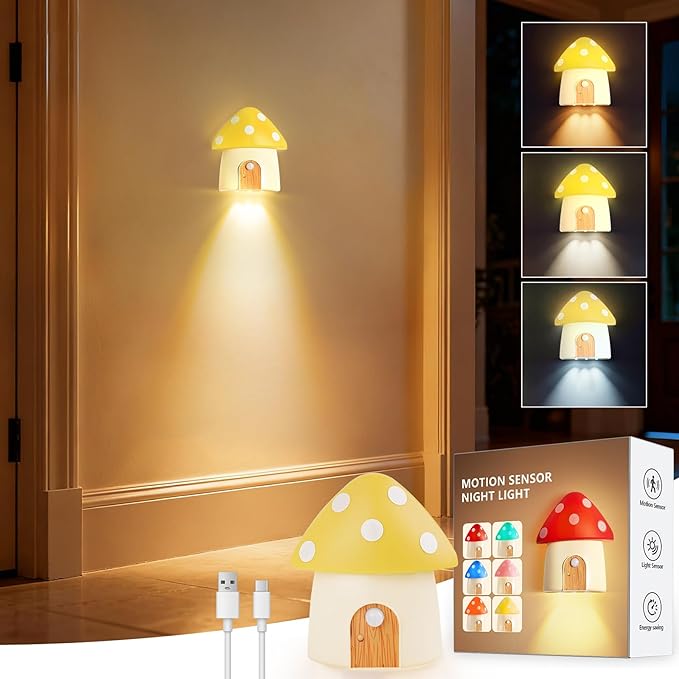 Mushroom Night Light, Cabinet Light Dimmable with 3 Color Temperature 3000/4500/6000K, Smart Motion Sensor Magnetic Rechargeable Nightlight for Kid Room, Gift Decoration, Yellow