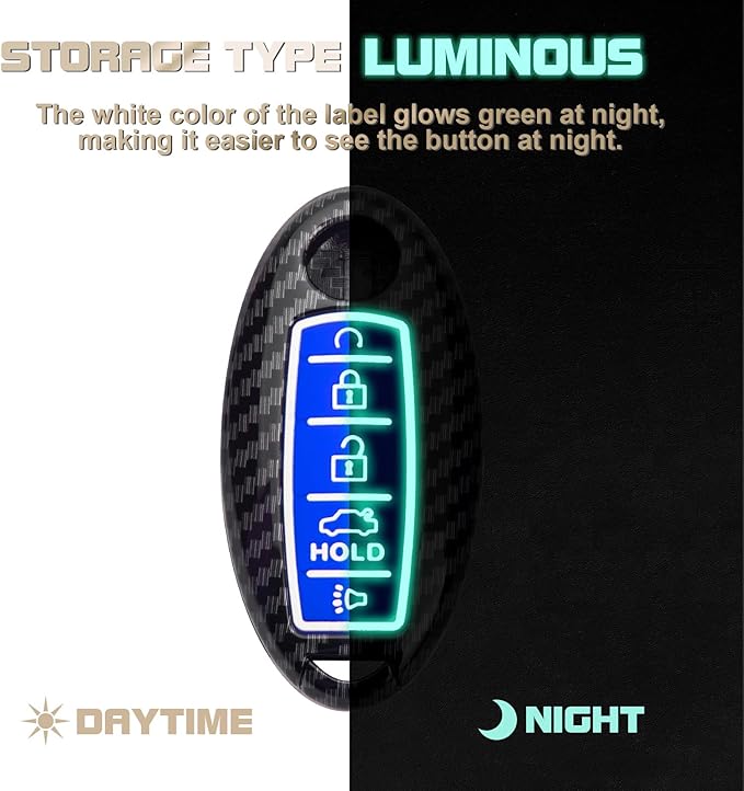 Xotic Tech Smart Key Fob Shell Full Cover Case w/Keychain Compatible with Nissan Maxima Murano Altima GT-R 370Z Rogue or Infiniti JX35 Q50 Q60 Q70 QX60, Carbon Fiber ABS Silicone Night-Luminous Blue